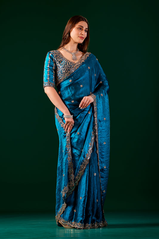 Full Heavy Blue Saree with Cutdana Work (Nora)
