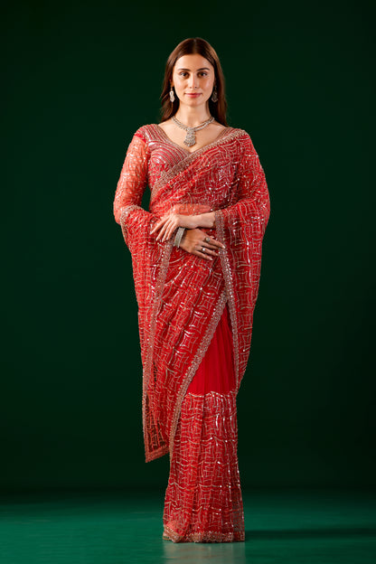 Kanyaari Stylish Net Red Saree with Heavy Cutdana Embroidery, featuring intricate design and elegant drape.