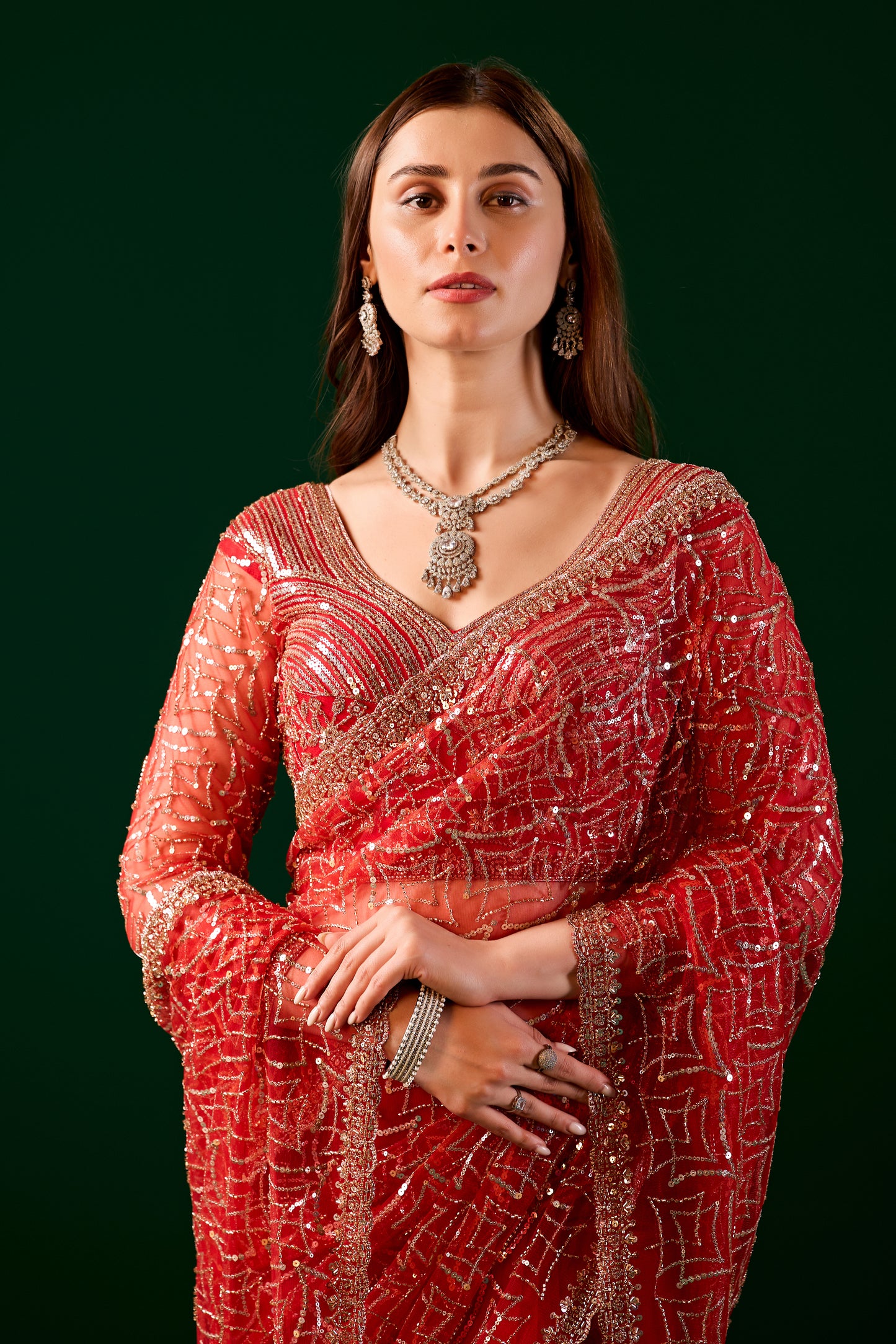 Styalish Net  Heavy Cutdana Embroidered Red Saree (Katrina)