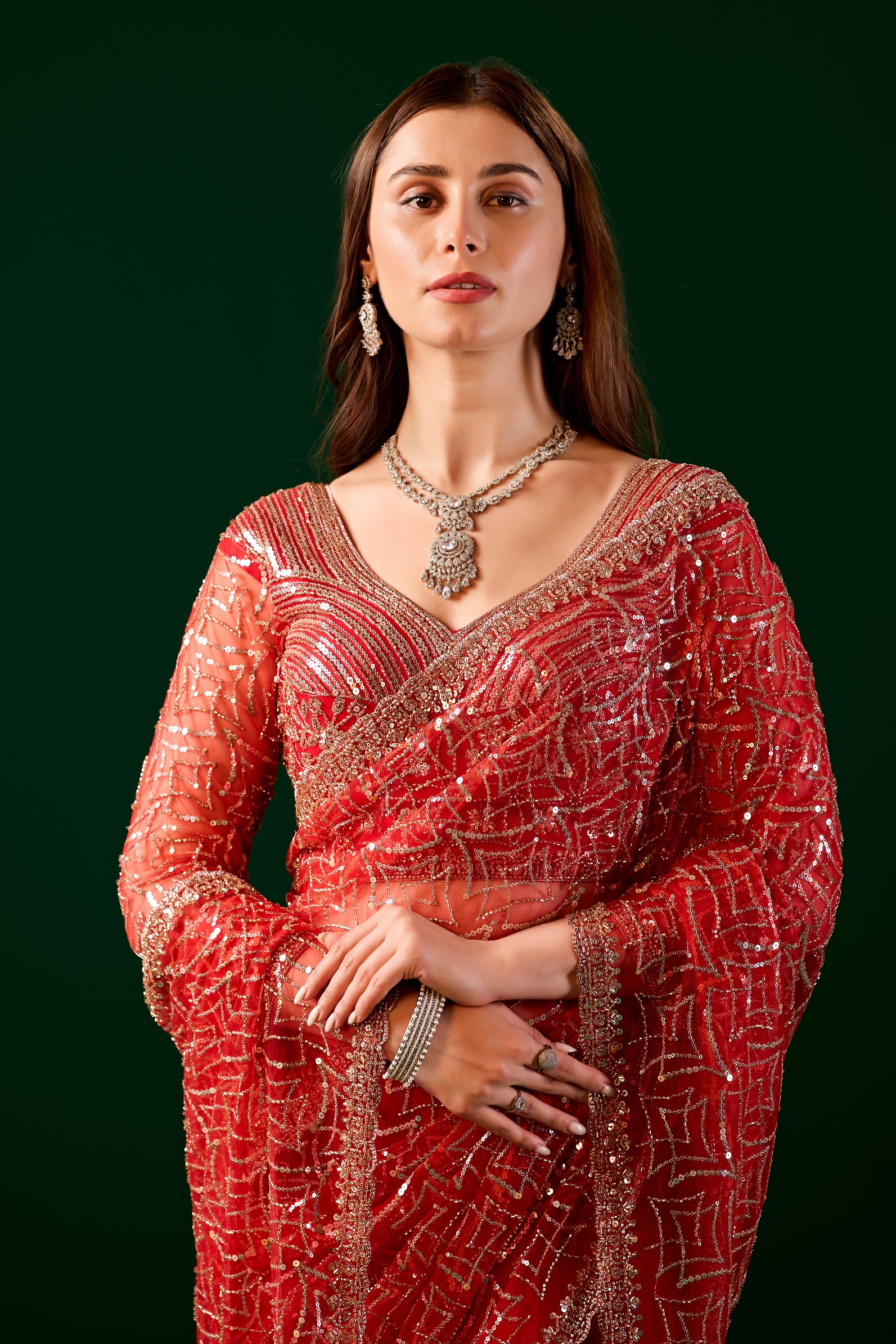 Red Kanyaari Styalish Net saree with heavy cutdana embroidery and intricate design, showcasing vibrant traditional craftsmanship.
