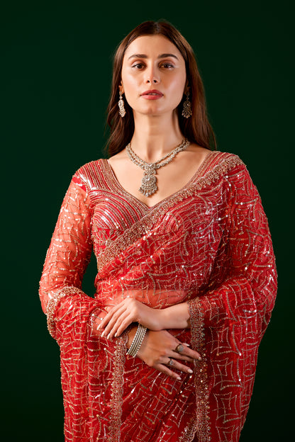 Red Kanyaari Styalish Net saree with heavy cutdana embroidery and intricate design, showcasing vibrant traditional craftsmanship.