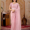 Pink Net Handwork Saree With Unstitched Blouse