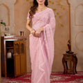 Pink Net Handwork Saree With Unstitched Blouse