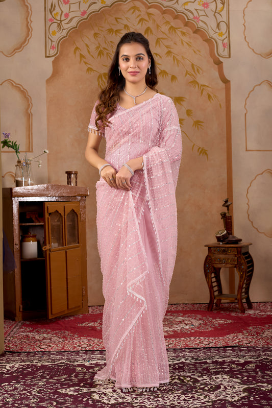 Kanyaari Pink Net Handwork Saree With Unstitched Blouse
