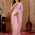Pink Net Handwork Saree With Unstitched Blouse