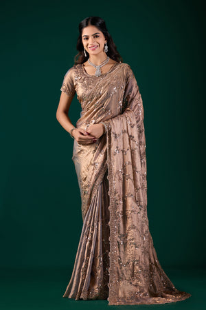 Nakhrali Premium Silk Gold Saree with Rose Gold Cutdana Work