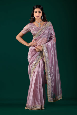 Kanyaari premium silk lavender saree with rose gold cutdana work, showcasing elegant drape and intricate embroidery.