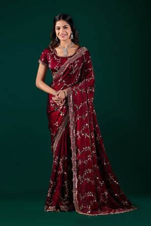 Nakhrali Premium Silk Maroon Saree with Rose Gold Cutdana Work
