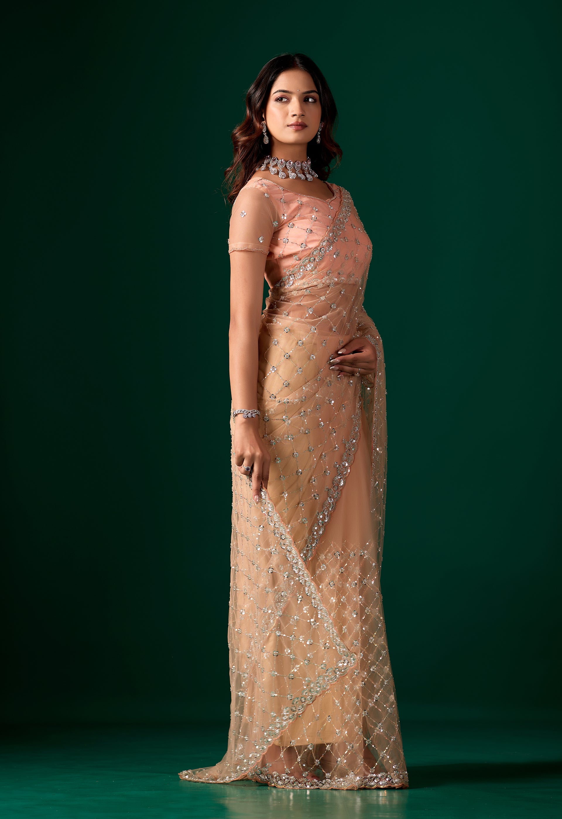 Orange net saree with cutdana work by Kanyaari, showcasing intricate embroidery and elegant drape.