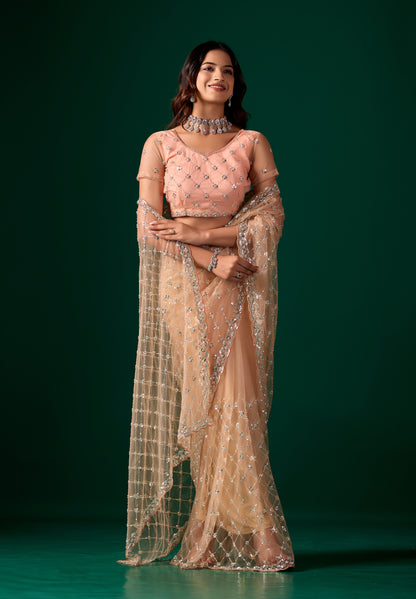 Orange net saree with cutdana work by Kanyaari, featuring intricate embroidery and stylish design for elegant traditional wear.