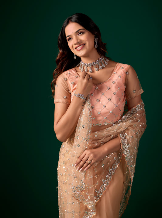 Cross Stylish Orange Net saree with Cutdana Work