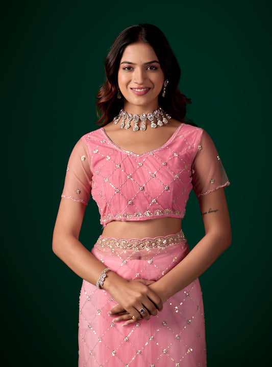 Stylish Party Wear Pink Saree with Cutdana Work (Cross)