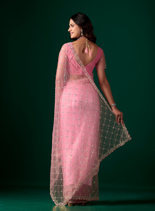 Stylish Party Wear Pink Saree with Cutdana Work (Cross)