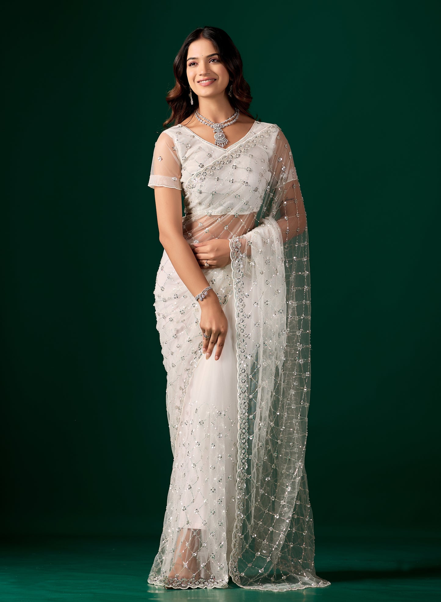 Tamannaah White Net Saree With Cutdana work