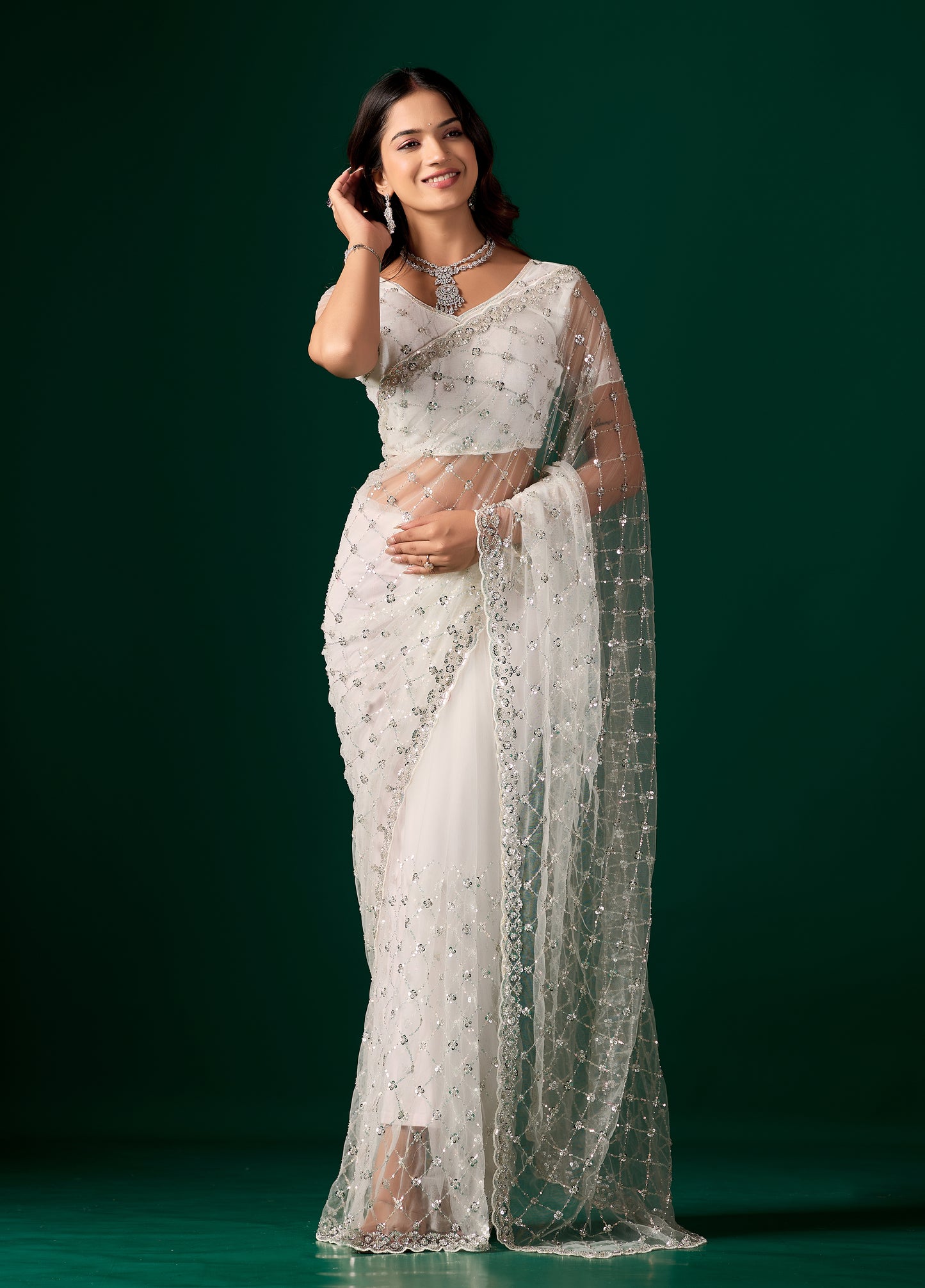 Tamannaah White Net Saree With Cutdana work