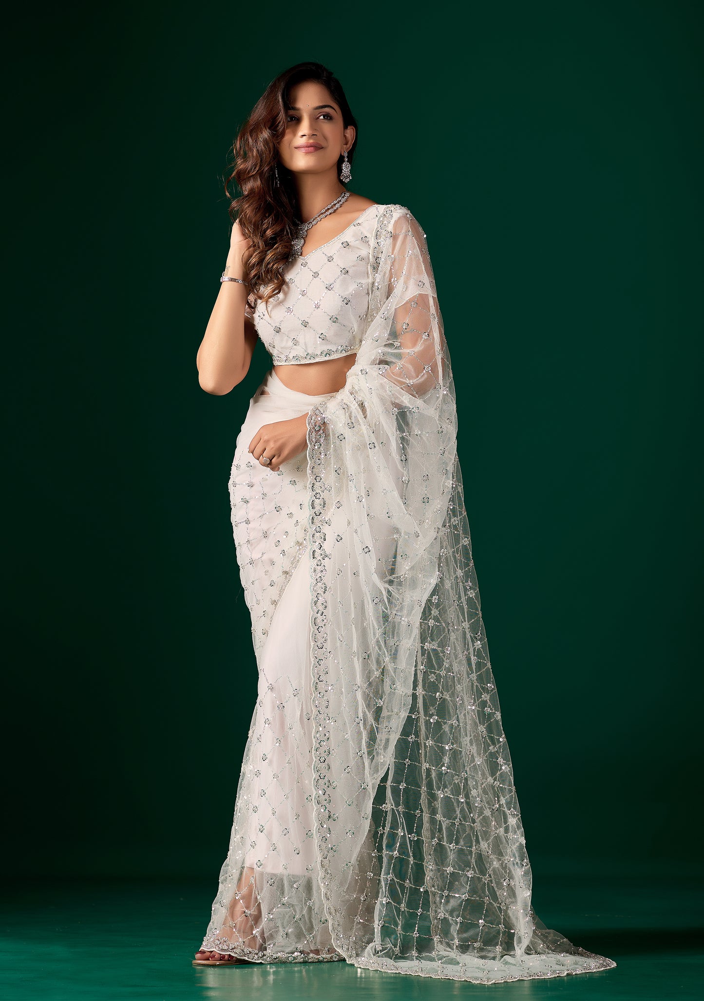 Tamannaah White Net Saree With Cutdana work