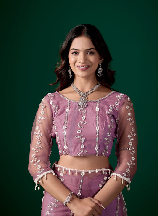 Tamannaah Purple Net Saree Cutdana work