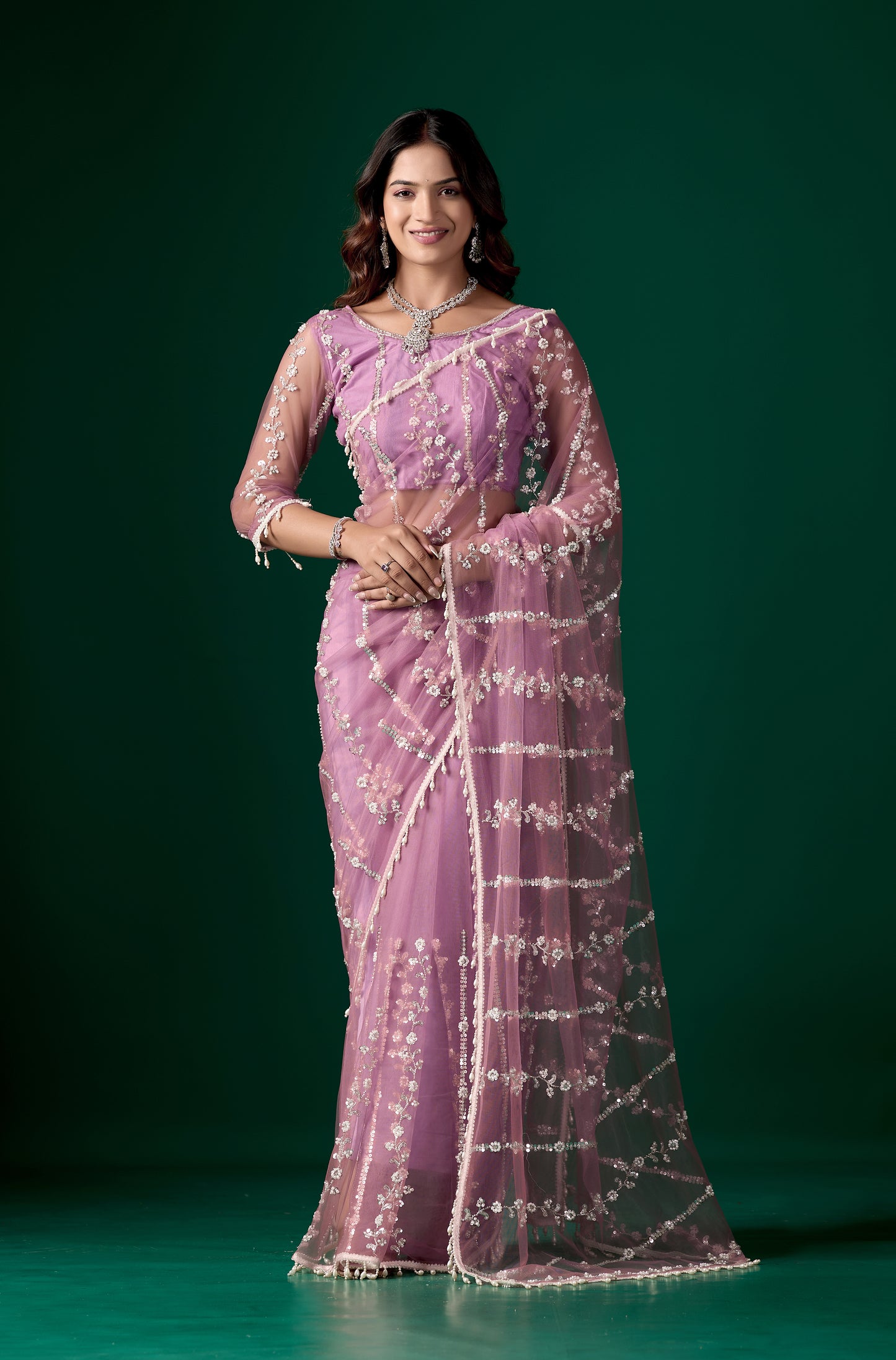 Tamannaah Purple Net Saree Cutdana work