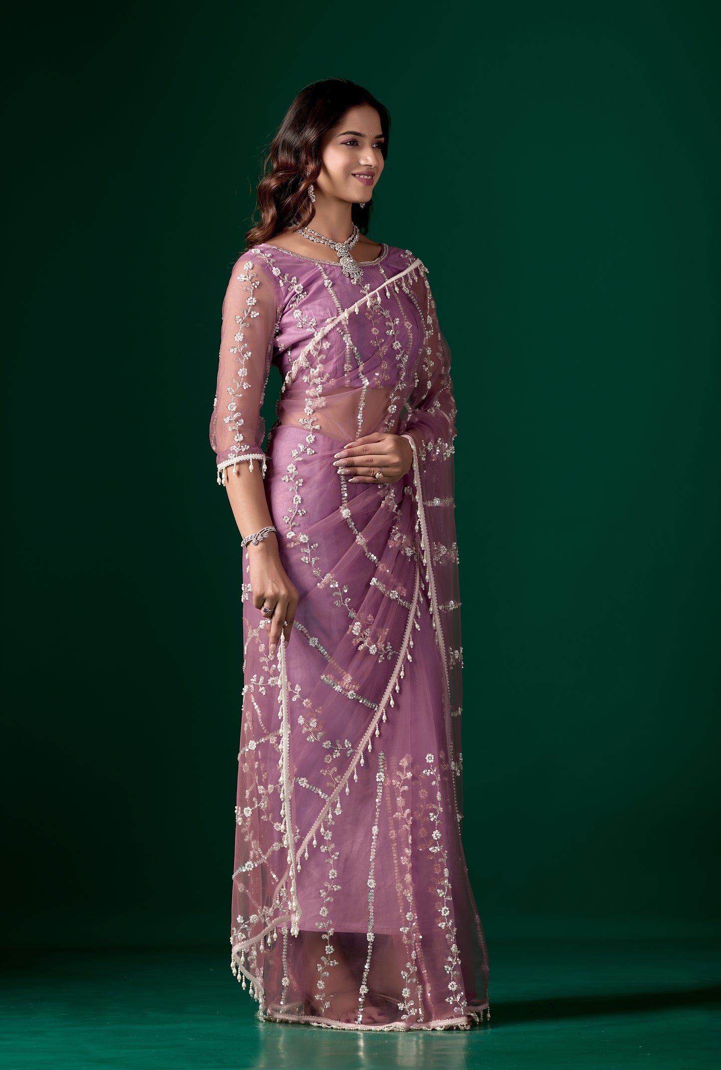 Tamannaah Purple Net Saree Cutdana work