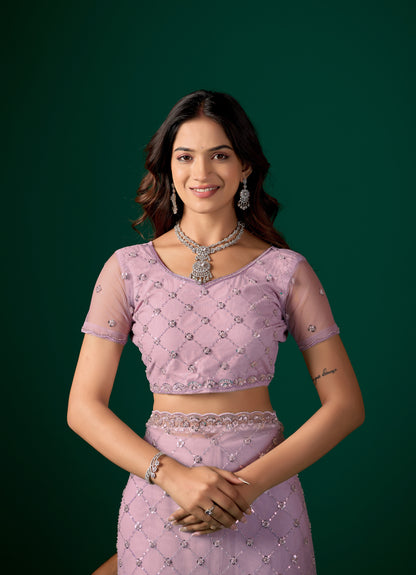 Lavender Kanyaari saree with cutdana work, stylish party wear with intricate embroidery and elegant drape.