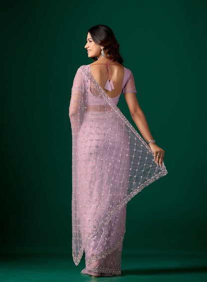 Lavender Kanyaari saree with cutdana work, stylish party wear design, featuring intricate embroidery and elegant drape.