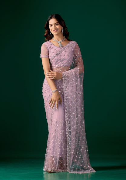 Lavender Kanyaari saree with stylish cross design and intricate cutdana work, perfect for party wear.