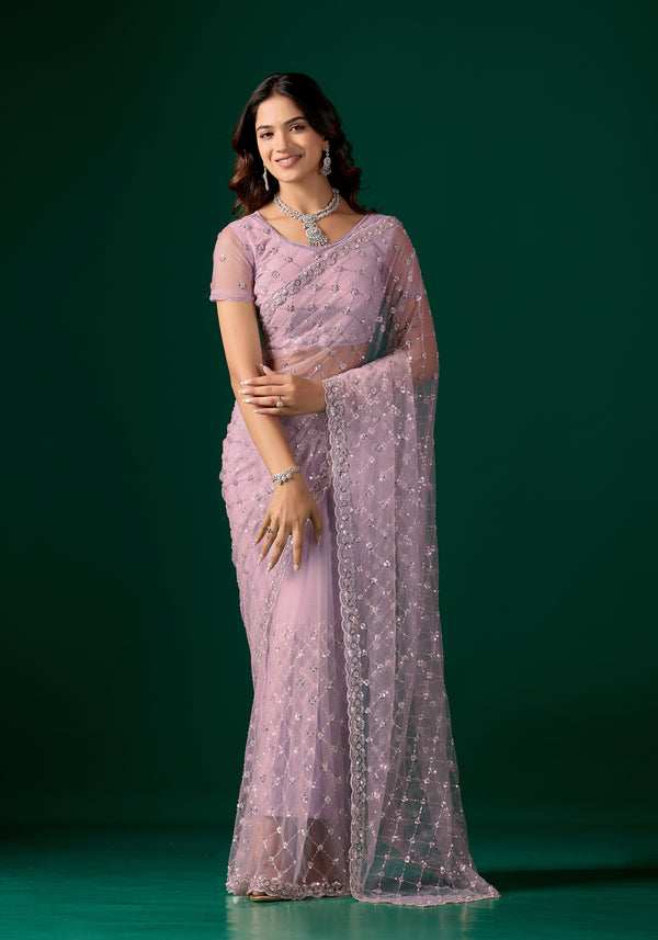 Lavender Kanyaari saree with stylish cross design and intricate cutdana work, perfect for party wear.