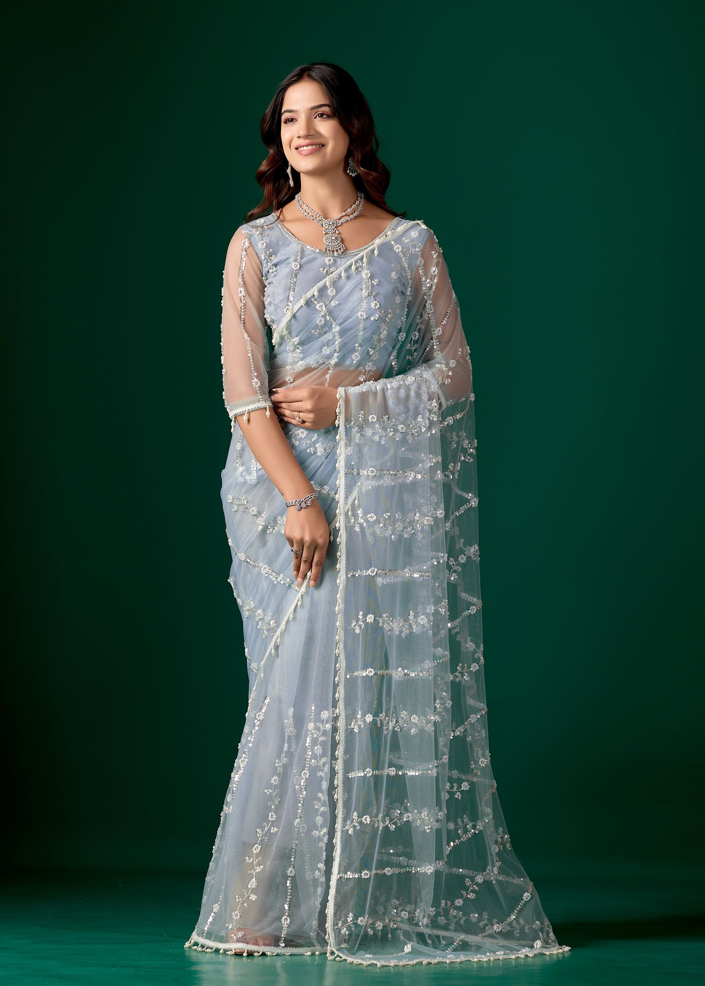 Tamannaah Sky Blue Net Saree With Cutdana work