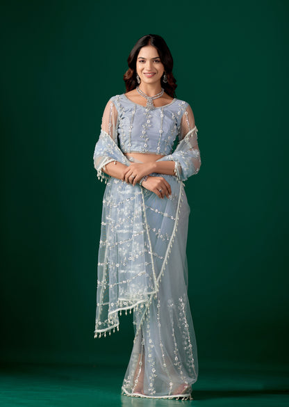 Sky blue net saree with intricate cutdana work by Kanyaari, featuring elegant drape and detailed embellishments.