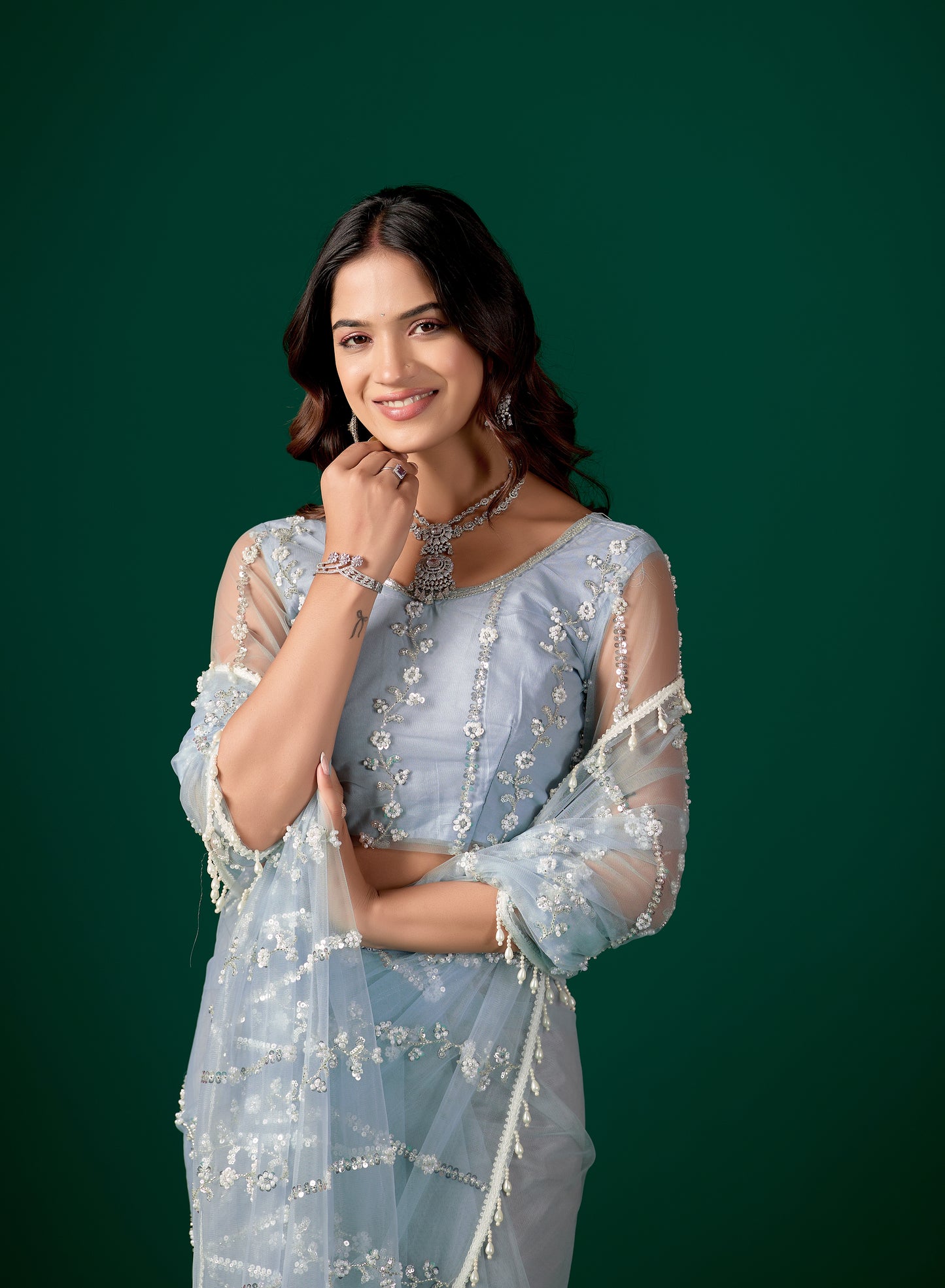 Tamannaah Sky Blue Net Saree With Cutdana work