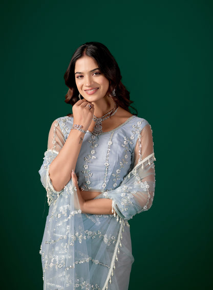 Sky blue net saree with cutdana work by Kanyaari, featuring intricate embroidery and elegant drape for traditional occasions.