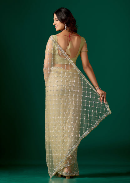 Green net saree with cutdana work by Kanyaari, showcasing intricate embroidery and elegant draping.