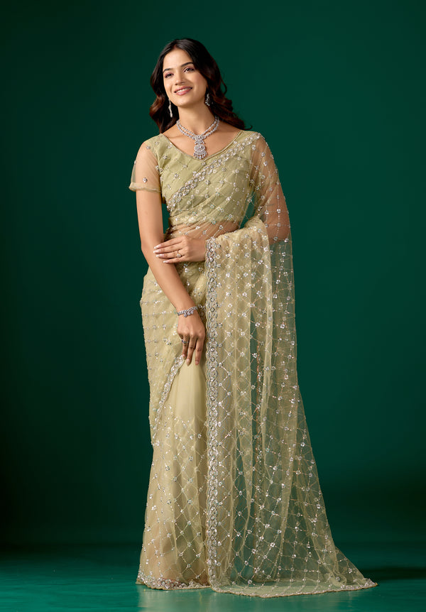 Green net saree with cutdana work, stylish design by Kanyaari, featuring intricate embroidery and draped fabric.