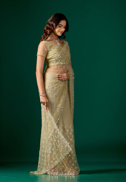 Kanyaari green net saree with cross stylish design and intricate cutdana work, elegant traditional Indian attire.