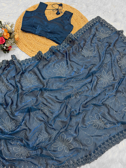 Kanyaari luxury floral Fandy silk saree with designer unstitch blouse, showcasing elegant floral patterns and rich silk fabric.