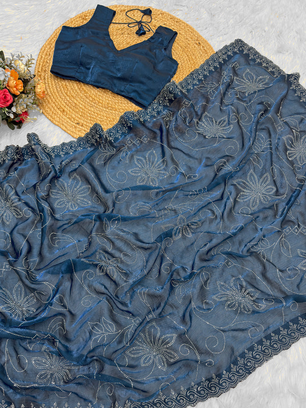 Kanyaari luxury floral Fandy silk saree with designer unstitch blouse, showcasing elegant floral patterns and rich silk fabric.