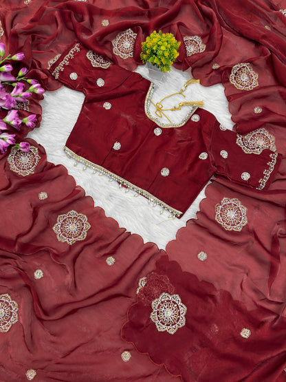 Kanyaari designer Fendy silk saree with heavy embroidered unstitched blouse, showcasing intricate embroidery and luxurious fabric.