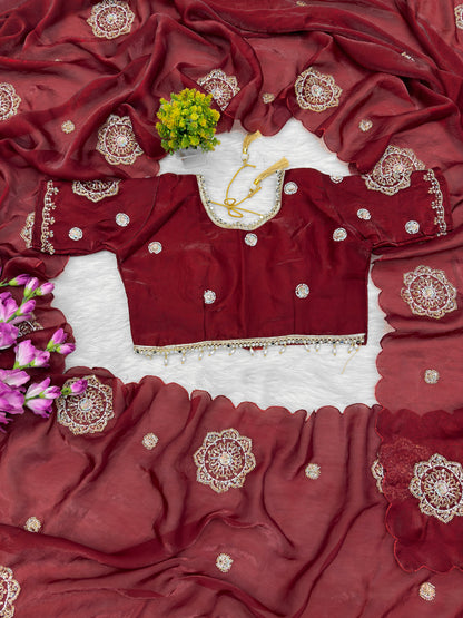 Kanyaari designer Fendy silk saree with heavy embroidery and matching unstitched blouse, displayed draped on a mannequin.