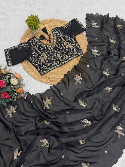 Kanyaari premium black Fendy silk saree with intricate rose gold handwork embroidery and elegant drape.
