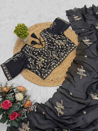 Black Fendy silk saree by Kanyaari featuring rose gold handwork embroidery, elegant traditional Indian attire.