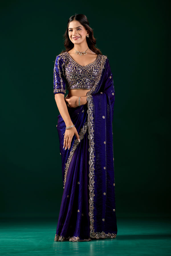 Elegant full heavy blue saree with intricate cutdana work by Kanyaari, showcasing detailed embroidery and traditional design.