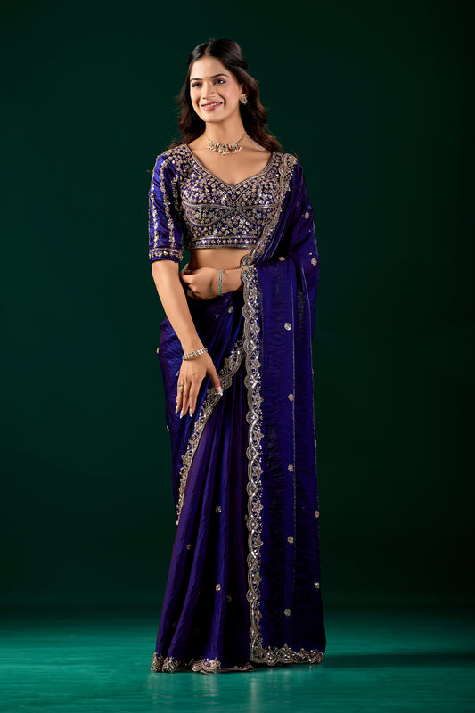Elegant full heavy blue saree with intricate cutdana work by Kanyaari, showcasing detailed embroidery and traditional design.