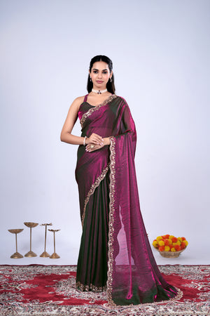 Kriti stylish wine-colored saree with intricate cutdana work by Kanyaari, draped elegantly showing detailed embroidery and fabric texture.