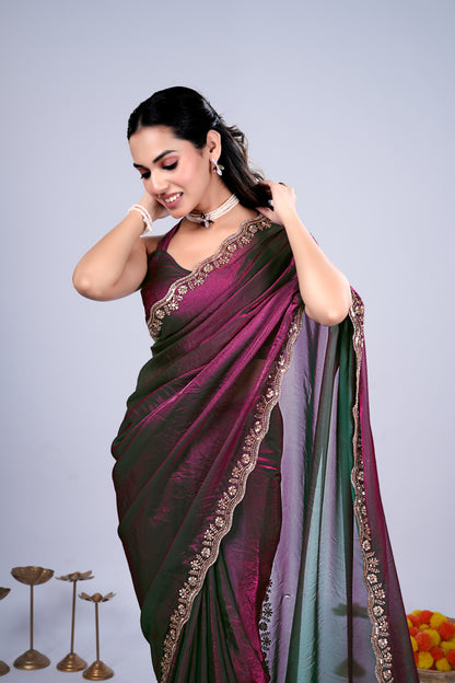 Kriti stylish wine-colored saree with intricate cutdana work by Kanyaari, displayed on a mannequin.