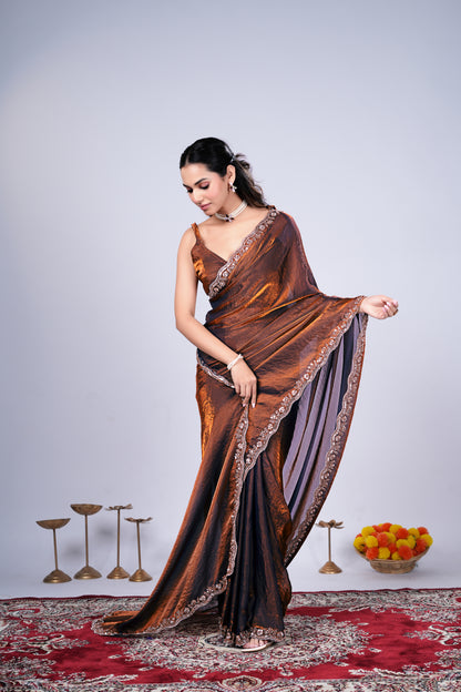 Kanyaari Kriti stylish brown saree with intricate cutdana work, showcasing elegant traditional Indian attire.