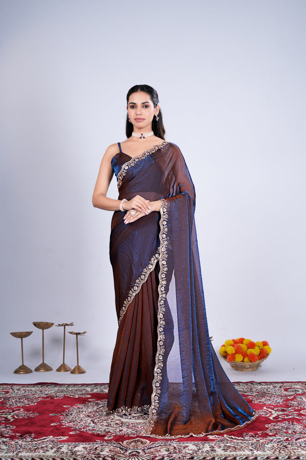 Blue Kriti stylish saree by Kanyaari with intricate Cutdana work, featuring elegant drape and detailed embroidery.