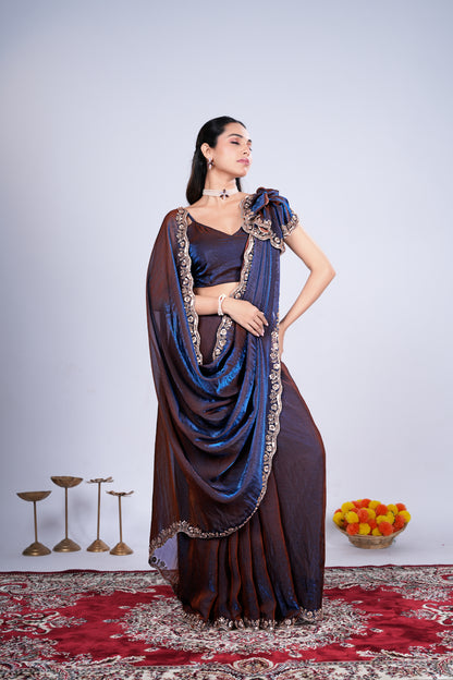 Blue Kriti saree by Kanyaari with intricate Cutdana work, draped elegantly to showcase detailed embroidery and rich fabric.