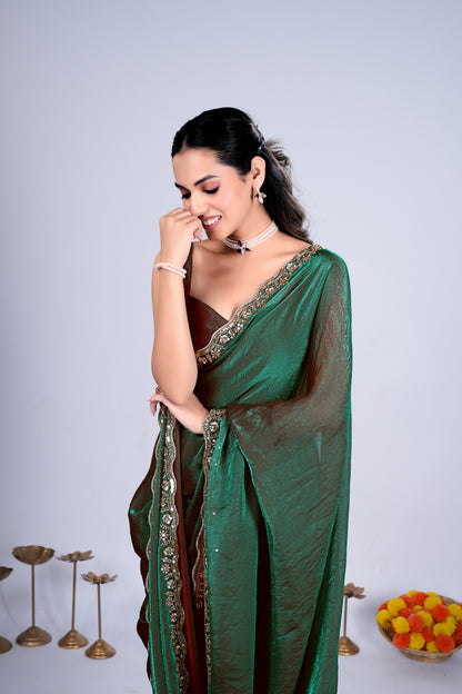 Kanyaari Kriti stylish green saree with intricate cutdana work, showcasing elegant traditional Indian attire.