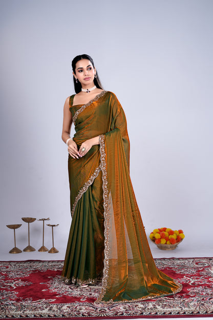 Kanyaari Kriti stylish saree in Mehndi color with intricate cutdana work, showcasing elegant traditional attire.