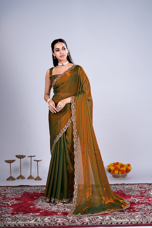 Kanyaari Kriti stylish saree in Mehndi color with intricate cutdana work, showcasing elegant traditional attire.